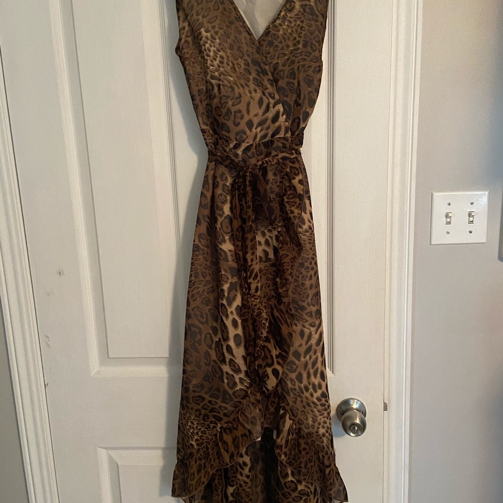 Solitaire ruffle high low wrap ruffle maxi dress
